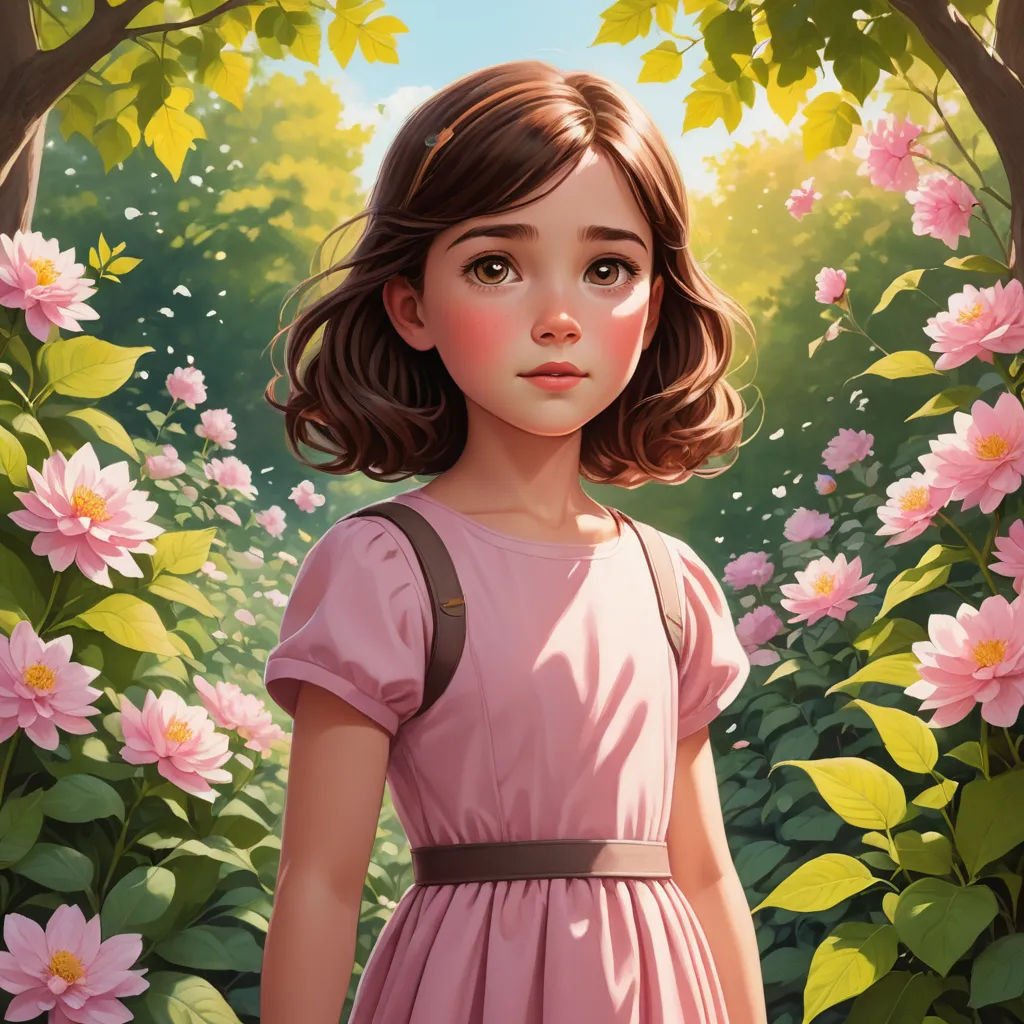 a painting of a girl in a pink dress standing in a garden with pink flowers and trees in the background, fantasy art, a storybook illustration, Alice Prin, trending on art station