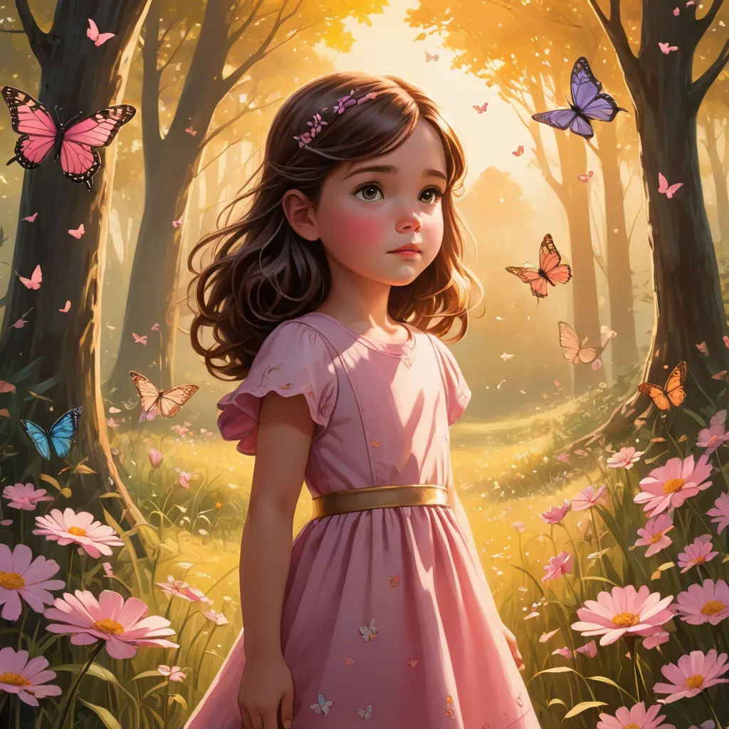 a painting of a little girl in a pink dress standing in a forest with butterflies around her and a butterfly in her hair, fantasy art, a storybook illustration, Charlie Bowater, highly detailed digital painting