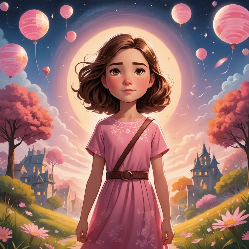 a girl in a pink dress standing in front of a castle with balloons floating above her and a pink sky, magical realism, a storybook illustration, Aaron Jasinski, rossdraws global illumination
