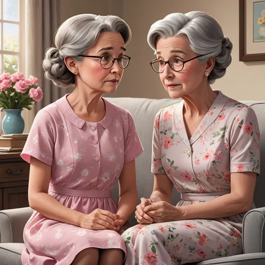 a painting of two women sitting on a couch talking to each other, one of them is wearing glasses, american scene painting, a hyperrealistic painting, F. Scott Hess, highly detailed digital painting