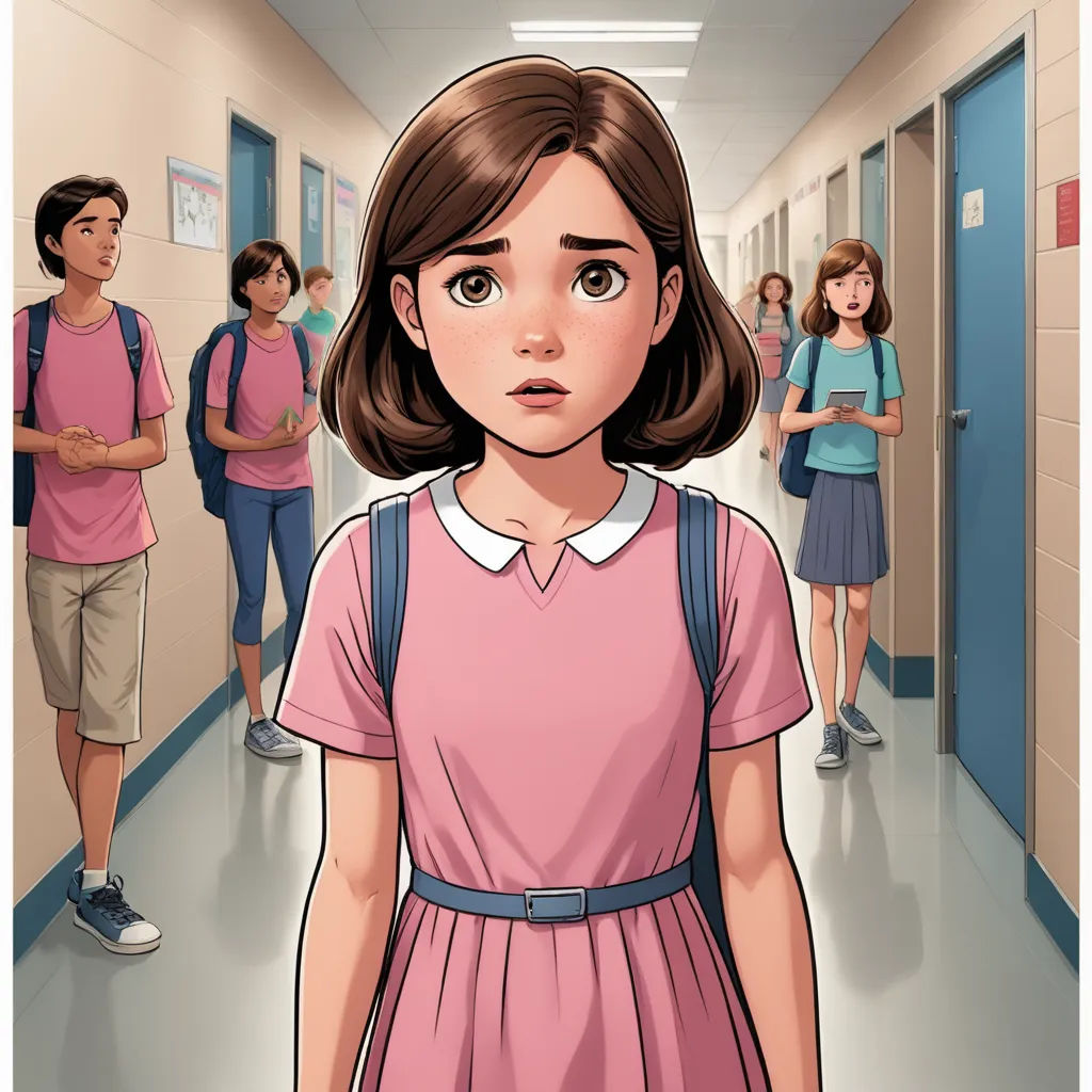 a cartoon of a girl in a school hallway with other children in the hallway behind her and a cartoon of a girl in a pink dress, serial art, a comic book panel, Clarice Beckett, graphic novel