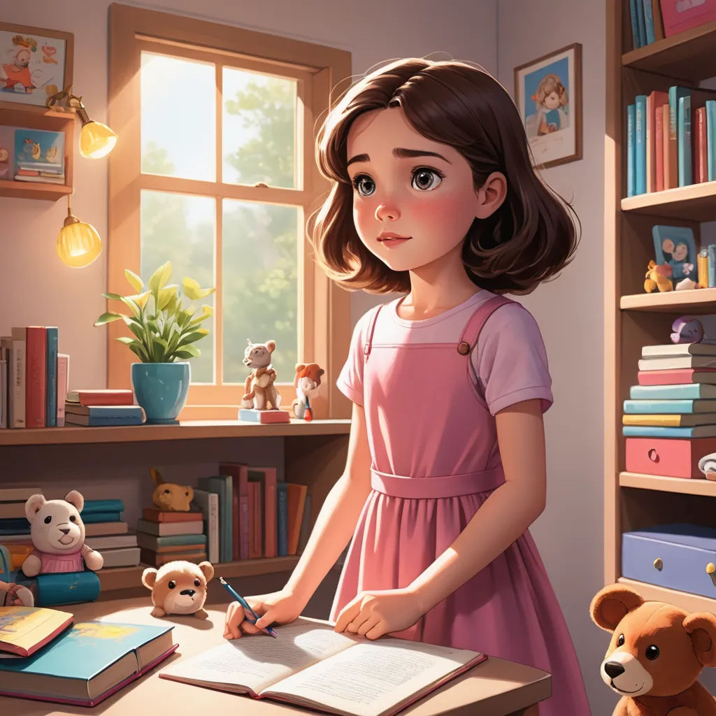 a girl in a pink dress is writing in a book in a room with a teddy bear and a window, photorealism, a storybook illustration, Clarice Beckett, cgstudio