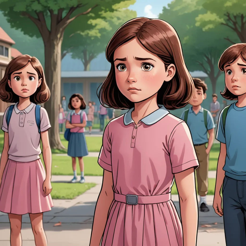 a group of children standing on a sidewalk in front of a house with a girl in a pink dress, american realism, a comic book panel, Charles Schulz, graphic novel