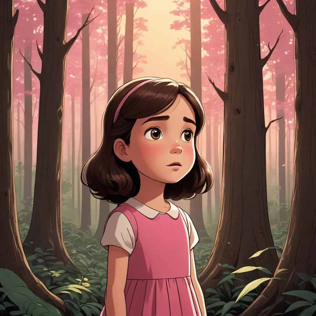 a little girl standing in the woods looking at something in the distance with a pink sky behind her and trees, serial art, a storybook illustration, Clarice Beckett, promotional image