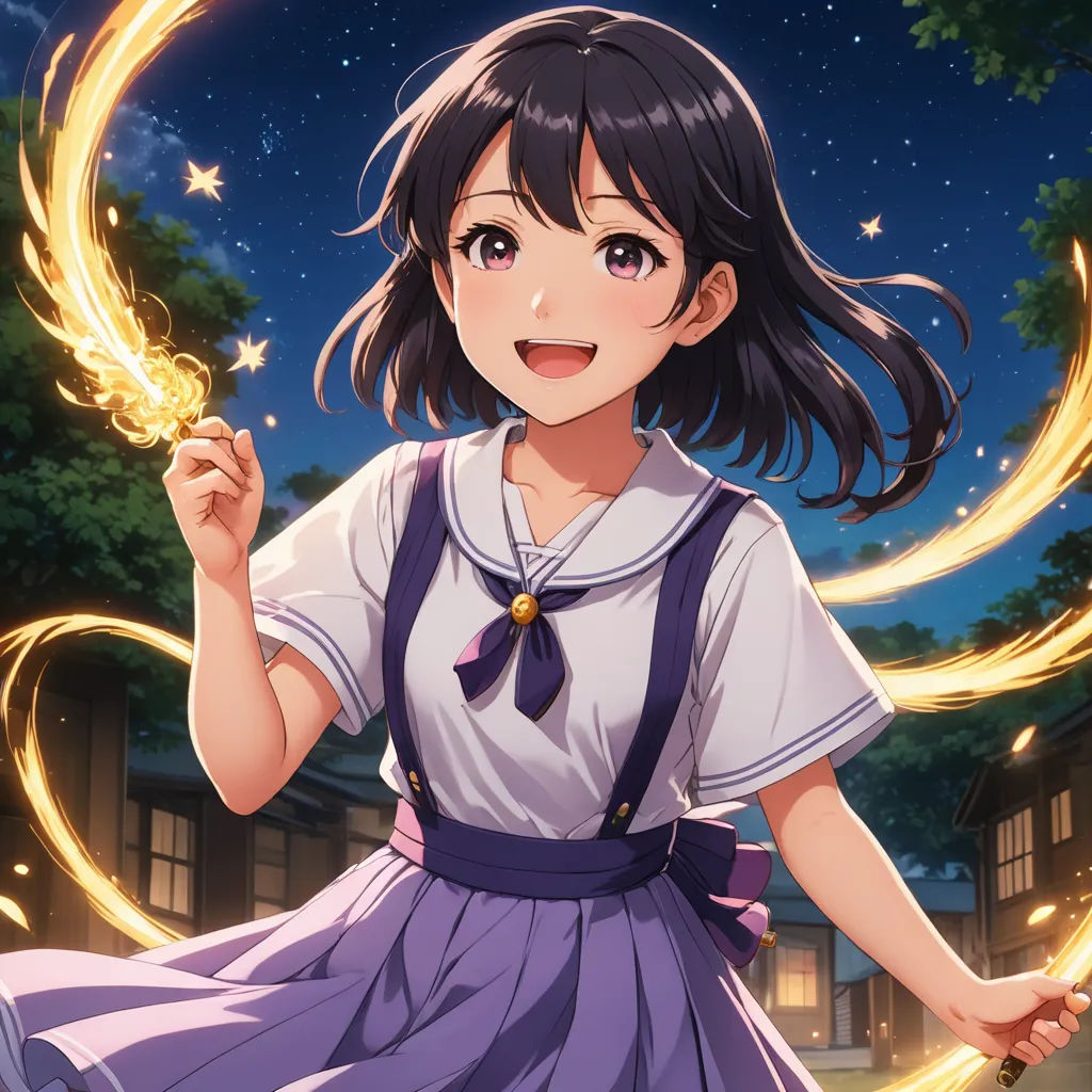 a girl in a dress holding a sparkler in her hand and smiling at the camera with a building in the background, magic realism, concept art, Ai-Mitsu, official art
