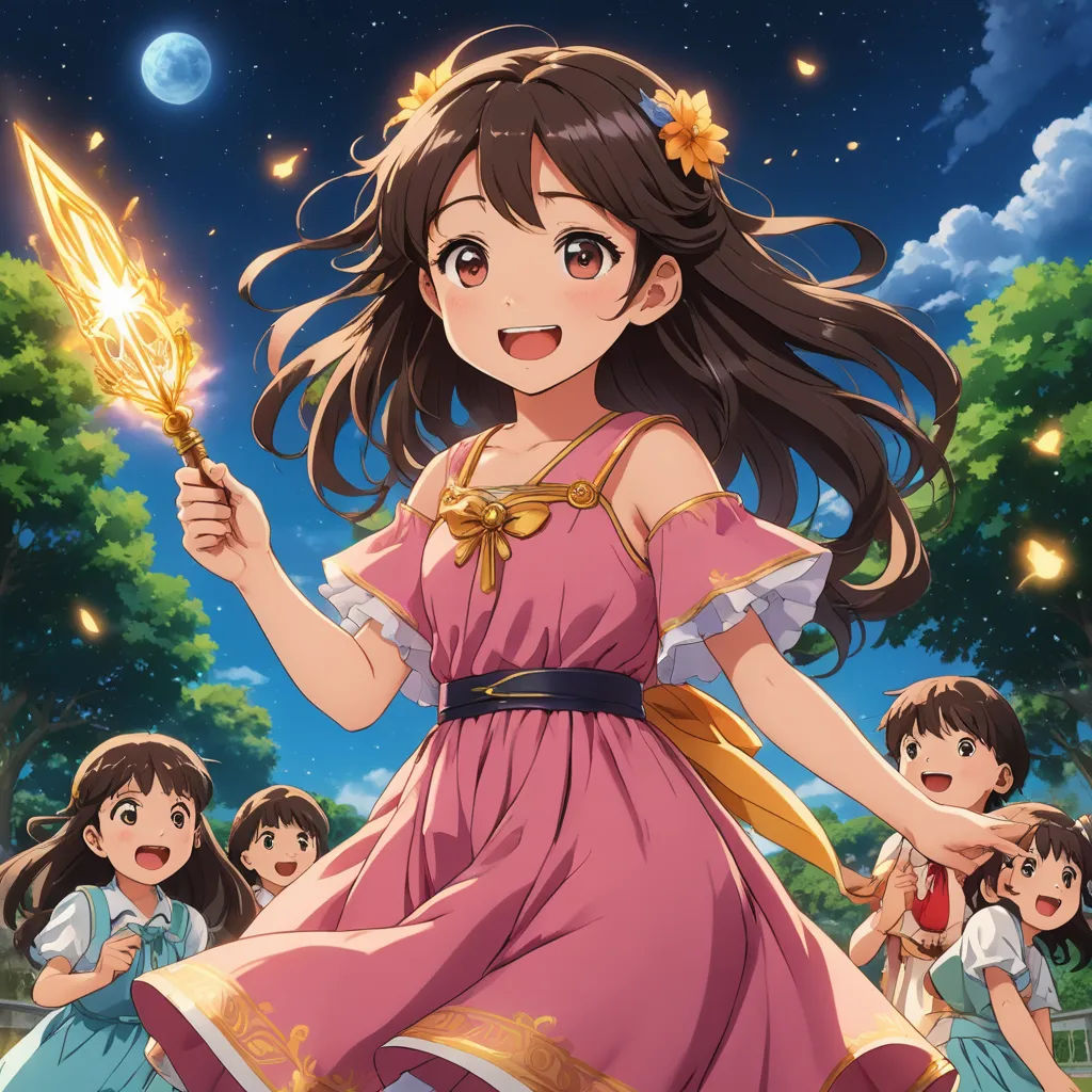 a girl in a pink dress holding a sword in front of a group of children in a park at night, rayonism, an album cover, Anne Said, official art