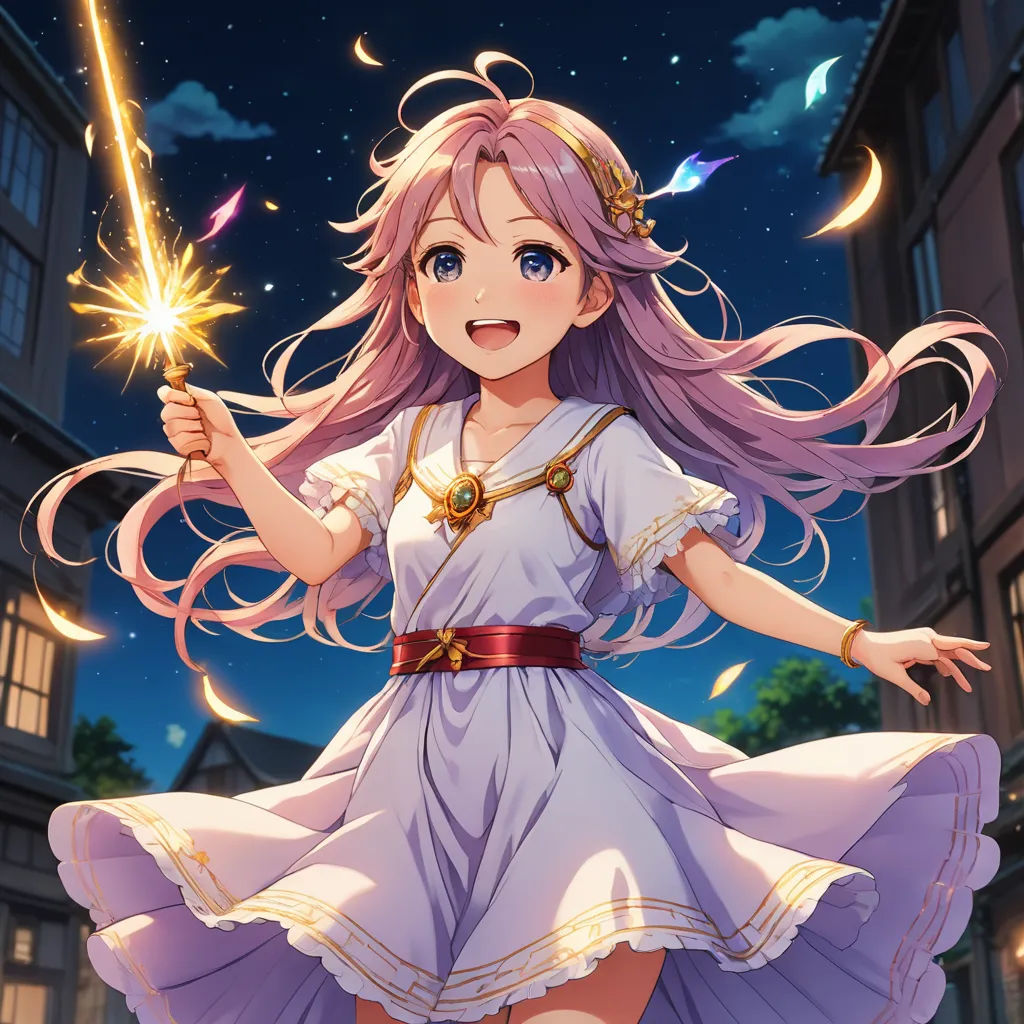 a girl in a dress holding a sparkler in her hand and a building in the background with a sky full of stars, magical realism, a detailed painting, Aguri Uchida, official art