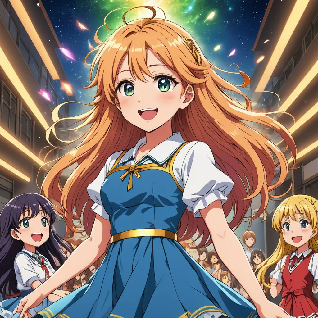 a girl in a blue dress standing in front of a crowd of people in a building with fireworks in the background, rayonism, an album cover, Anne Said, official art