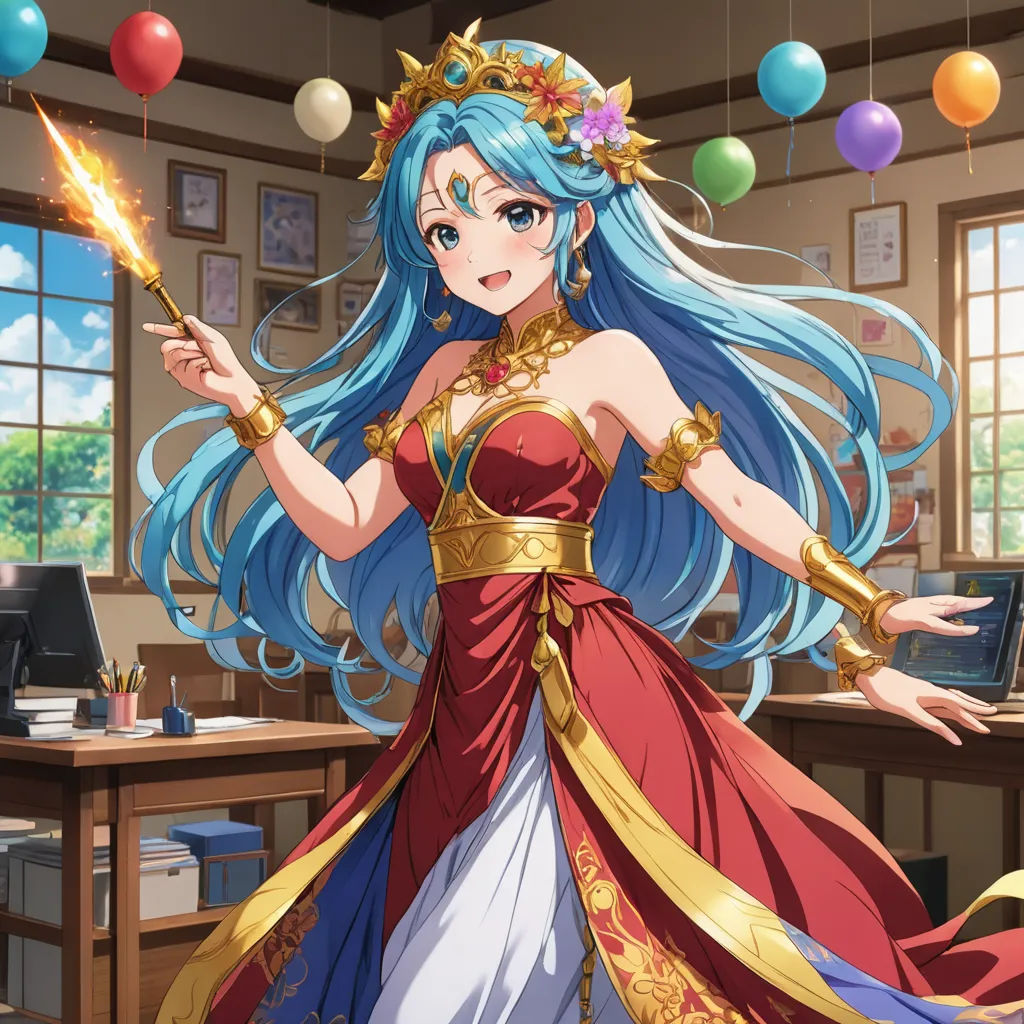 a woman dressed in a red and gold dress holding a wand in her hand and a laptop on a desk, sots art, concept art, Ella Guru, official art