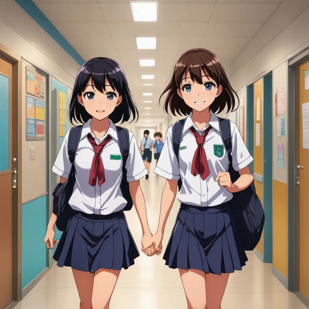 two girls in school uniforms walking down a hallway together holding hands and looking at the camera with a smile on their faces, serial art, poster art, Ai-Mitsu, official art