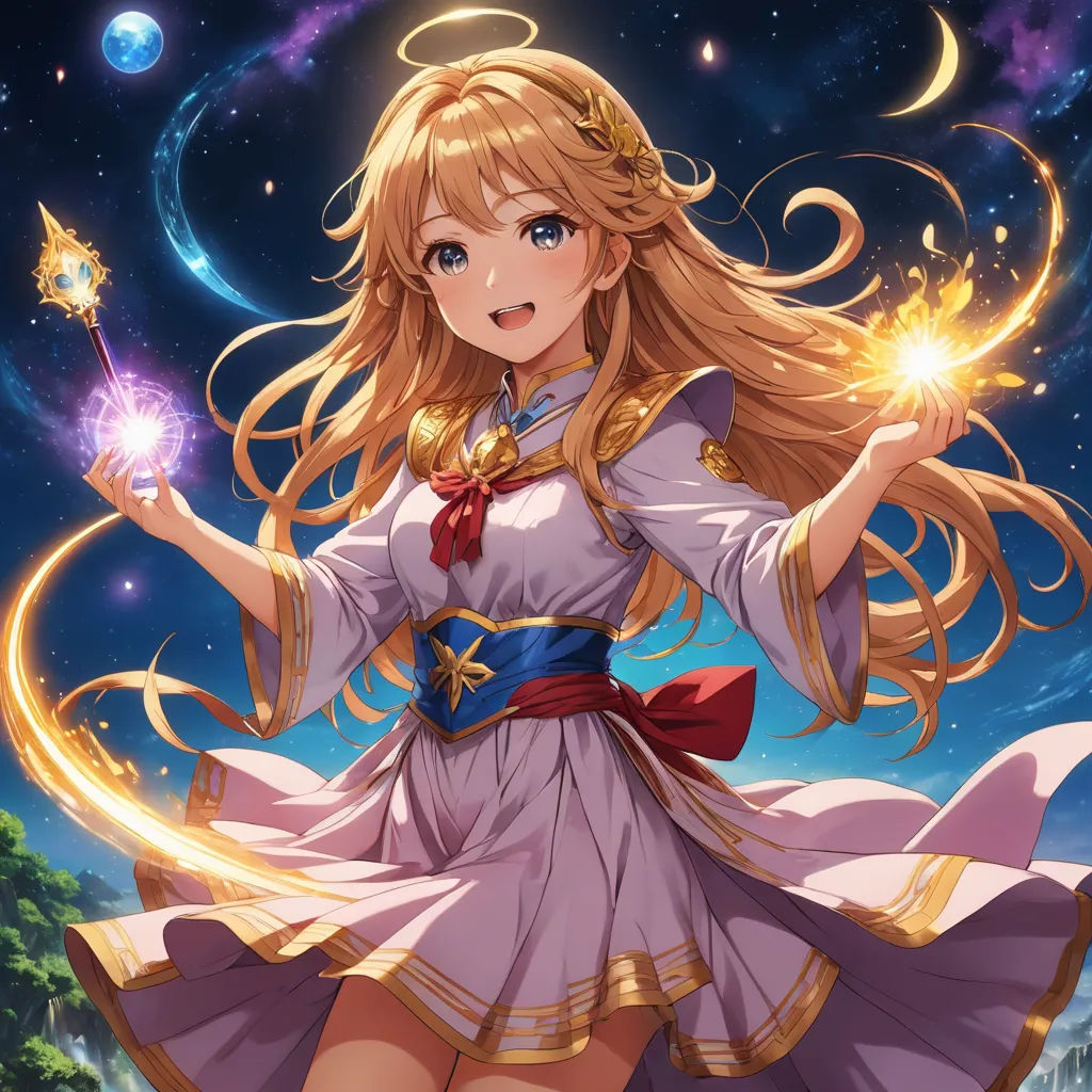 a woman in a dress holding a wand in her hand and a star in the background with a sky full of stars, space art, a detailed painting, Epsylon Point, official art