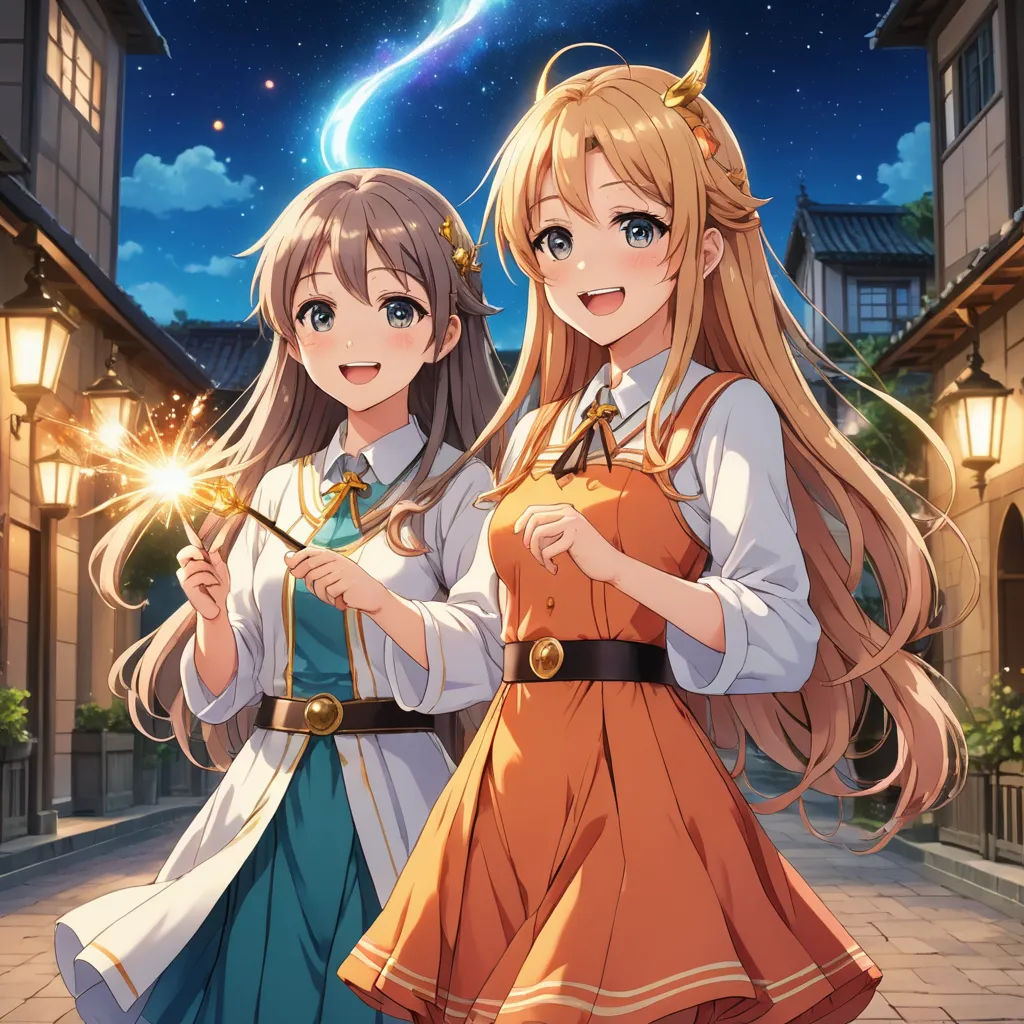 two anime girls standing next to each other in front of a building at night with a bright star in the sky, magic realism, poster art, Anne Said, official art