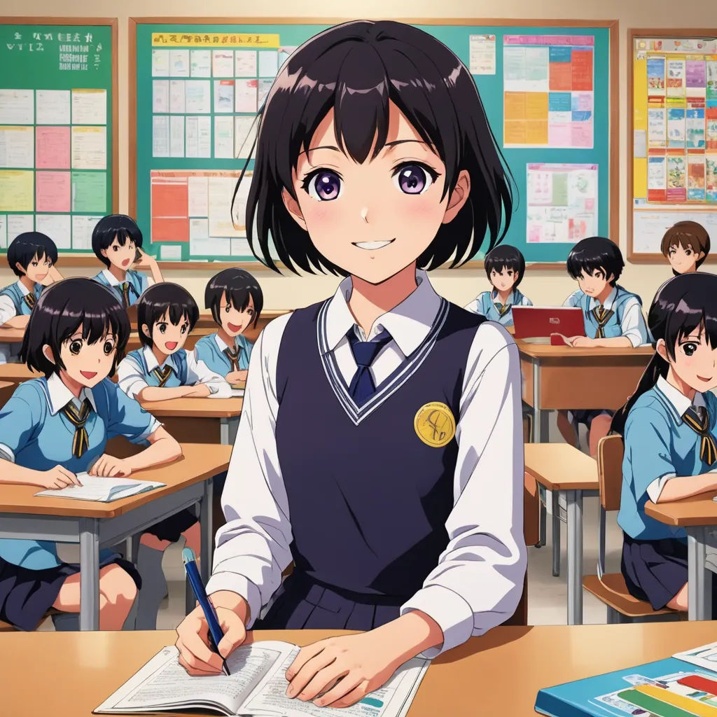 a girl in a school uniform is sitting at a desk with a book and pen in front of her, remodernism, computer graphics, Aya Goda, official art