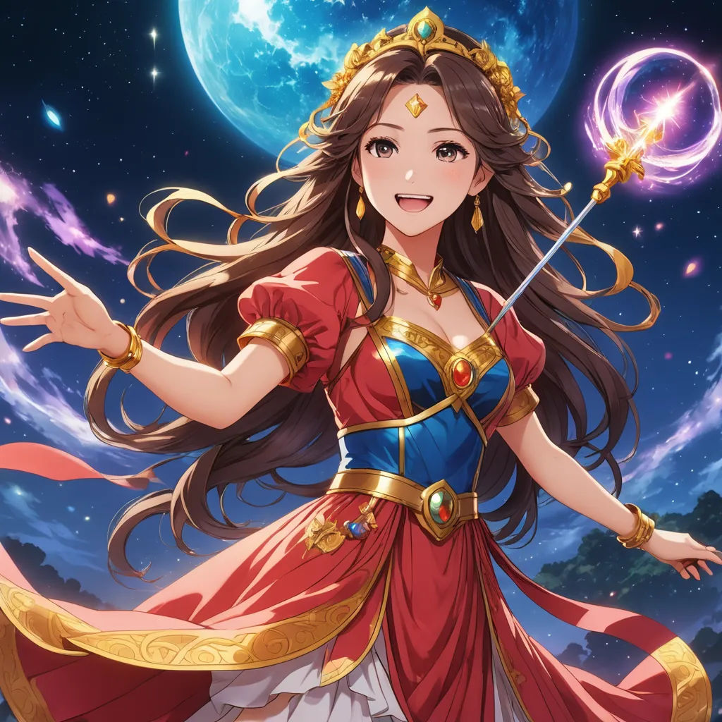 a woman in a red dress holding a wand and a ball in her hand with a full moon in the background, sots art, concept art, Ella Guru, official art