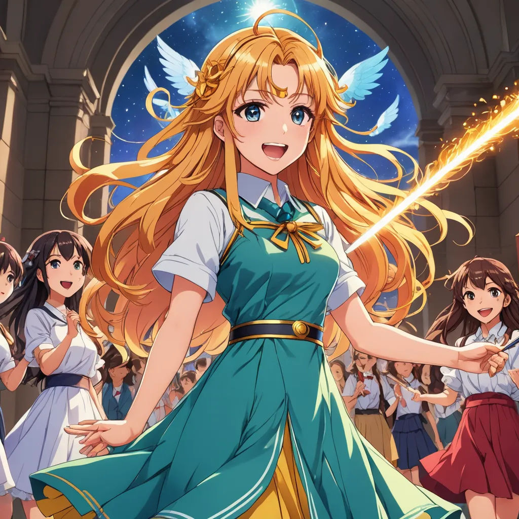 a girl in a dress with long blonde hair and a sword in her hand, surrounded by other girls, rayonism, a hologram, Anne Said, official art