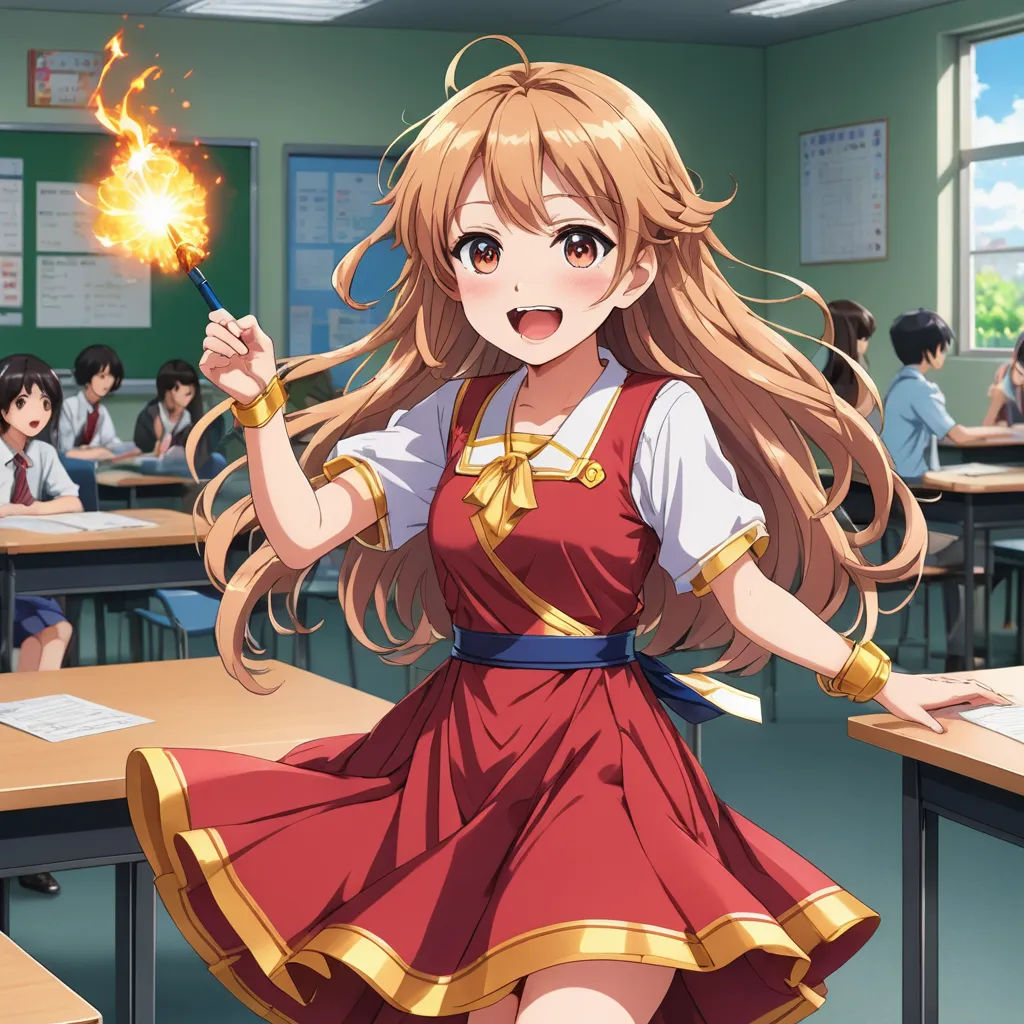 a girl in a red dress holding a sparkler in a classroom with other students in the background and a desk with a book, remodernism, concept art, Aguri Uchida, official art