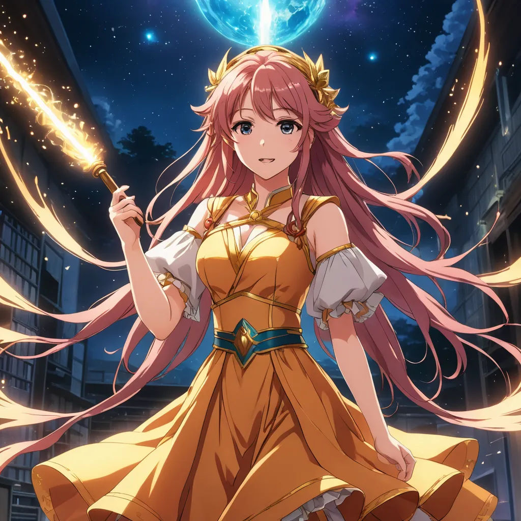 a girl in a yellow dress holding a sword in front of a full moon and stars sky in the background, sots art, concept art, Aguri Uchida, official art
