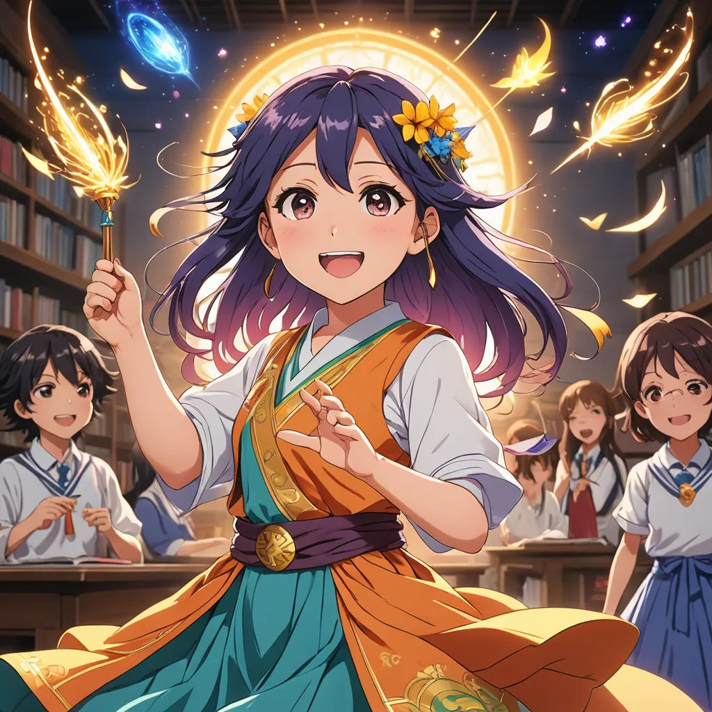 a girl in a library with a staff of girls behind her and a sun in the background with a halo, rayonism, an album cover, Aya Goda, official art