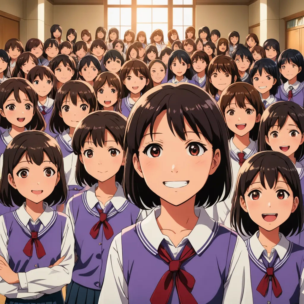 a group of young girls standing next to each other in front of a crowd of people in school uniforms, rayonism, an album cover, Aya Goda, official art