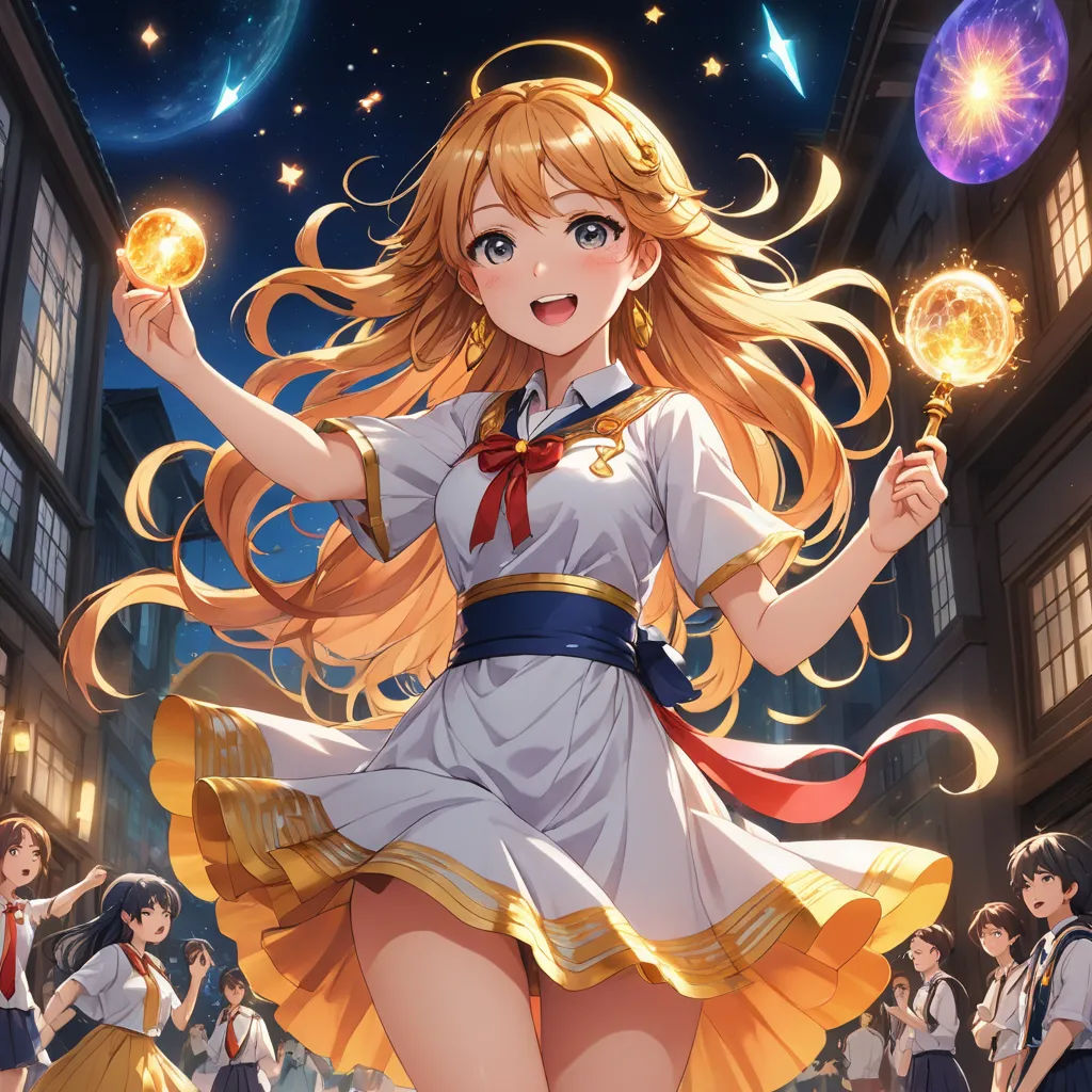 a girl in a school uniform holding a ball in her hand and a group of people in the background, space art, a detailed painting, Alice Prin, official art