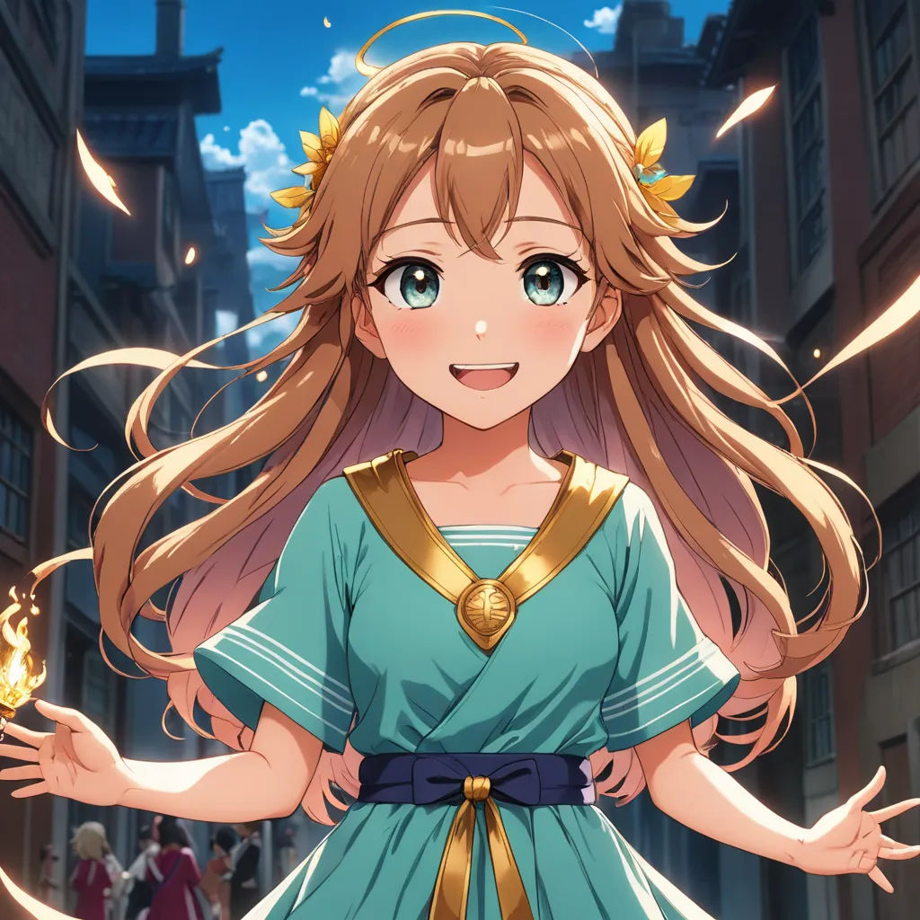 a girl in a blue dress with long blonde hair and a crown on her head is standing in a city street, magic realism, concept art, Aguri Uchida, official art