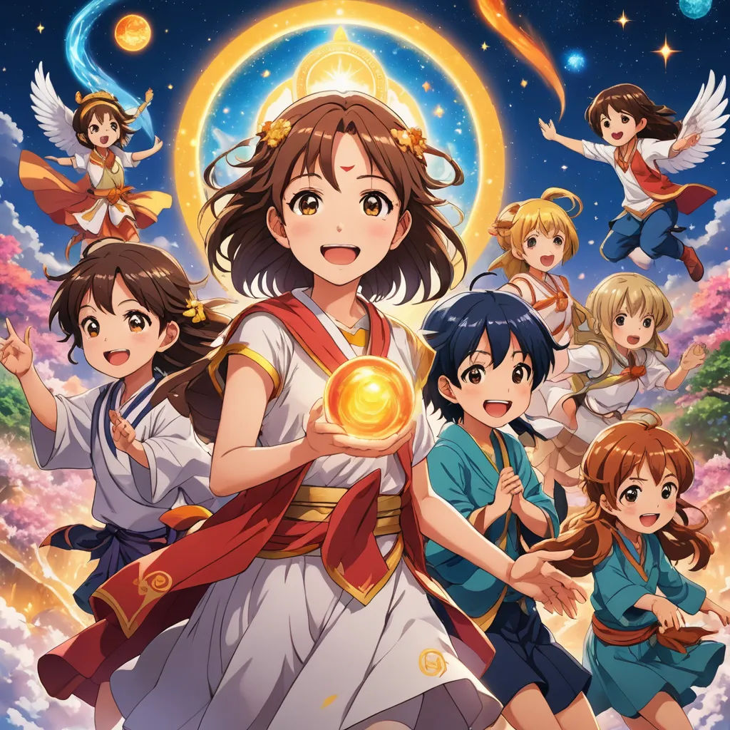 a group of anime girls standing in front of a sky with stars and clouds in the background, with a gold coin in the foreground, rayonism, an album cover, Aya Goda, official art