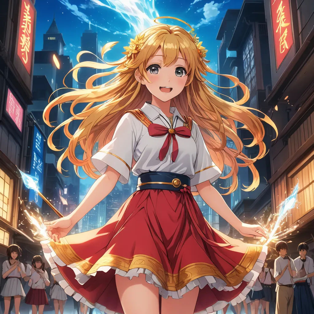 a girl in a red and white dress is standing in a city street with her hands on her hips, rayonism, concept art, Alice Prin, official art