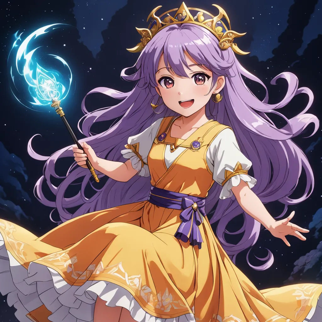 a girl in a yellow dress holding a wand and a star in the sky behind her is a crescent moon, rayonism, concept art, Chizuko Yoshida, official art