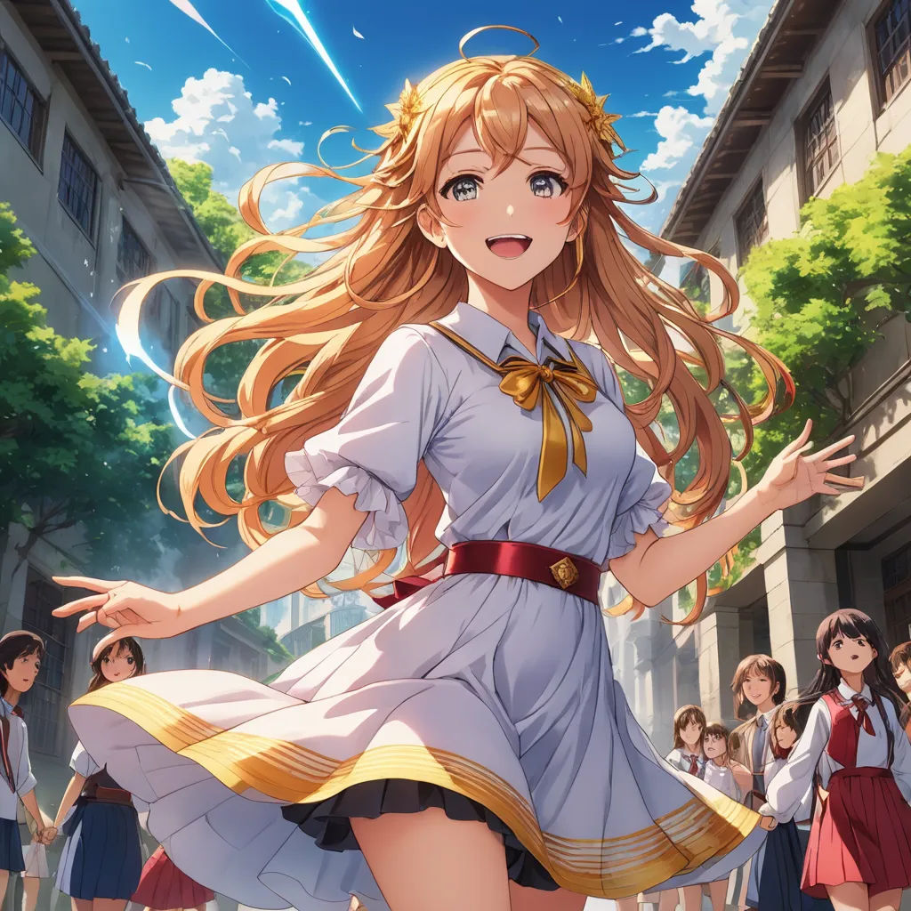 a girl in a dress is standing in front of a group of girls in school uniforms and holding a sword, rayonism, an album cover, Aguri Uchida, official art