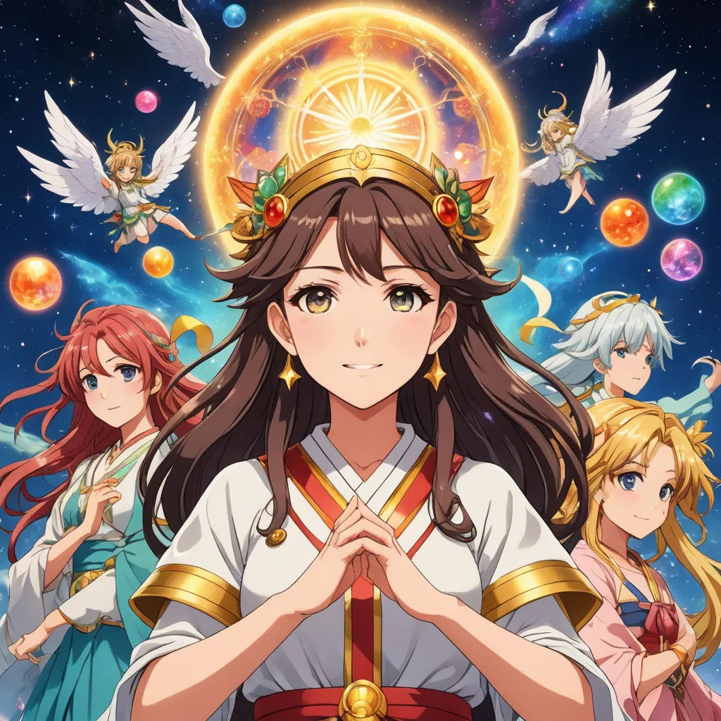 a girl in a crown with angels around her and a star above her head, surrounded by other girls, space art, an album cover, Aya Goda, official art