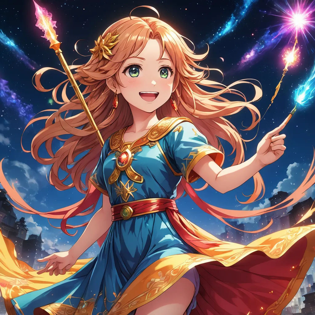 a girl in a blue dress holding a wand and a star in the sky behind her is a castle, sots art, a detailed painting, Chizuko Yoshida, official art