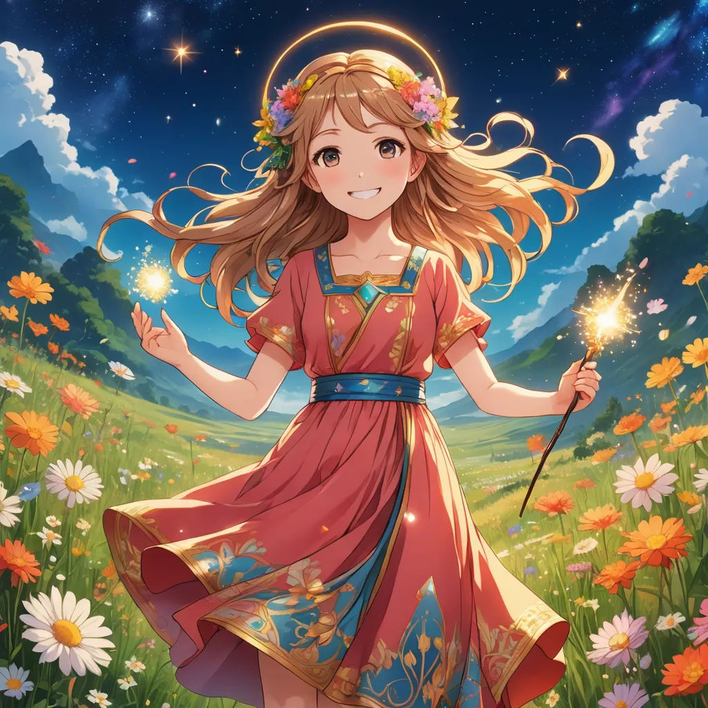a girl in a dress holding a wand in a field of flowers with a sky background and stars above her, rayonism, a detailed painting, Ella Guru, official art