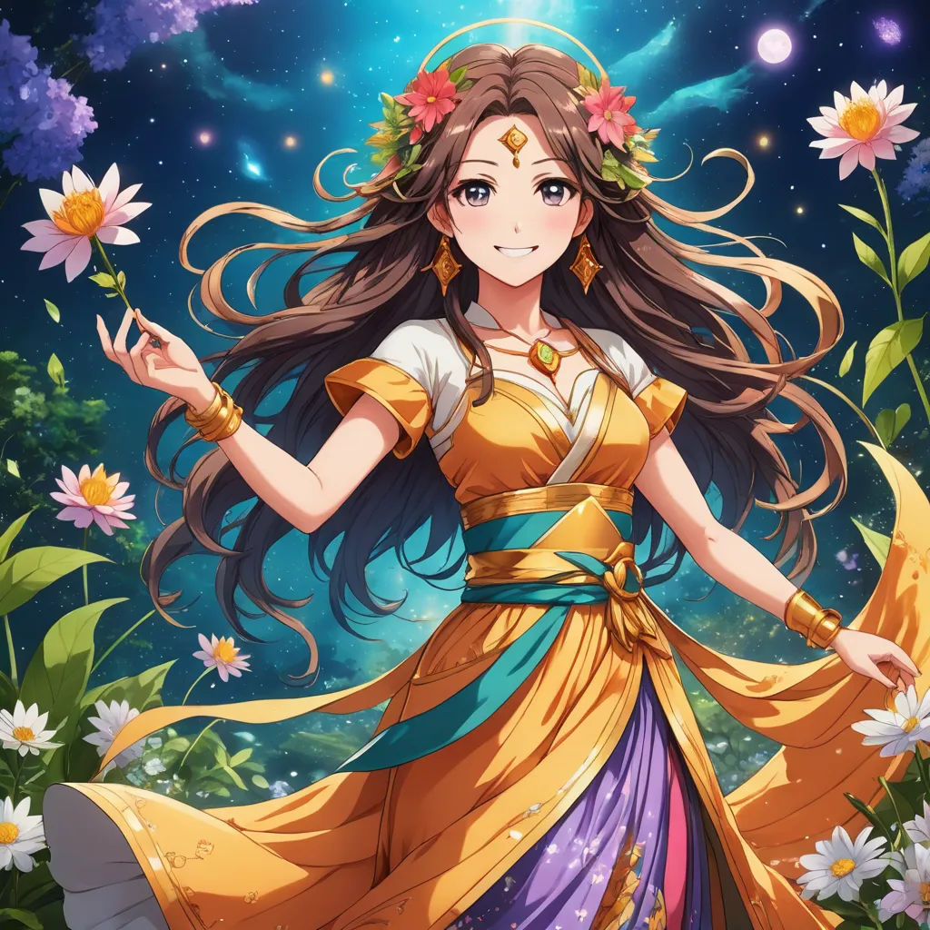 a woman in a dress with flowers in her hair and a flower crown on her head, standing in a field of daisies, rayonism, concept art, Ella Guru, official art