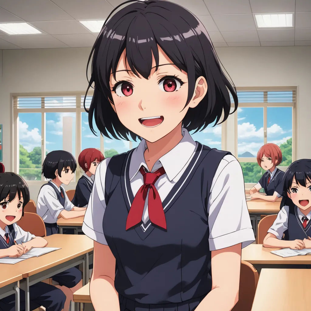 a girl in a school uniform standing in front of a classroom full of students with their hands on their hips, remodernism, a character portrait, Ayako Rokkaku, official art