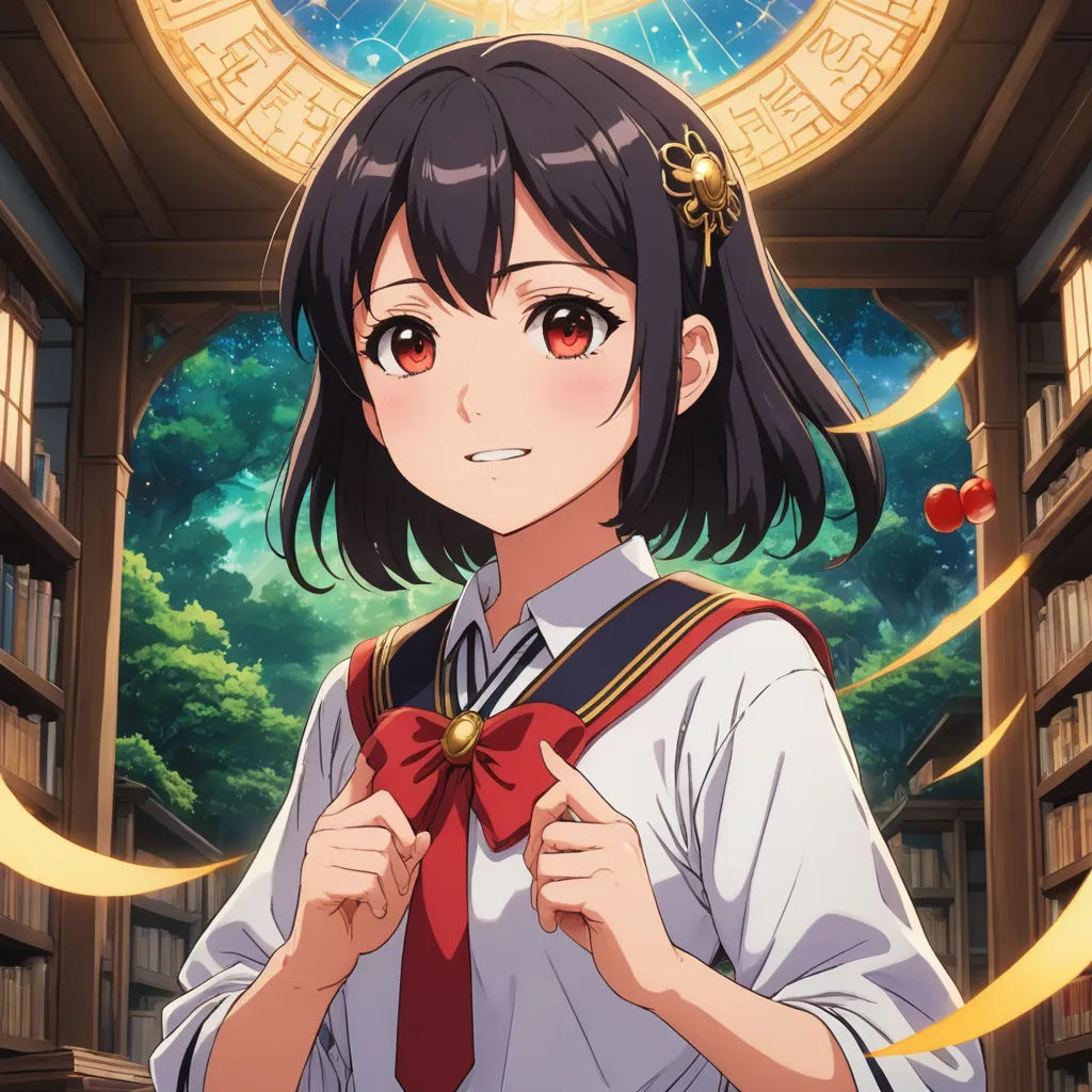 a girl in a library holding a red bow tie and looking at the camera with a clock in the background, rayonism, a character portrait, Ai-Mitsu, official art