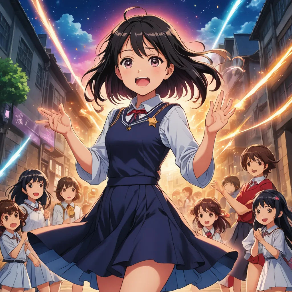 a girl in a school uniform standing in front of a group of girls in a city street with fireworks, rayonism, poster art, artist, official art