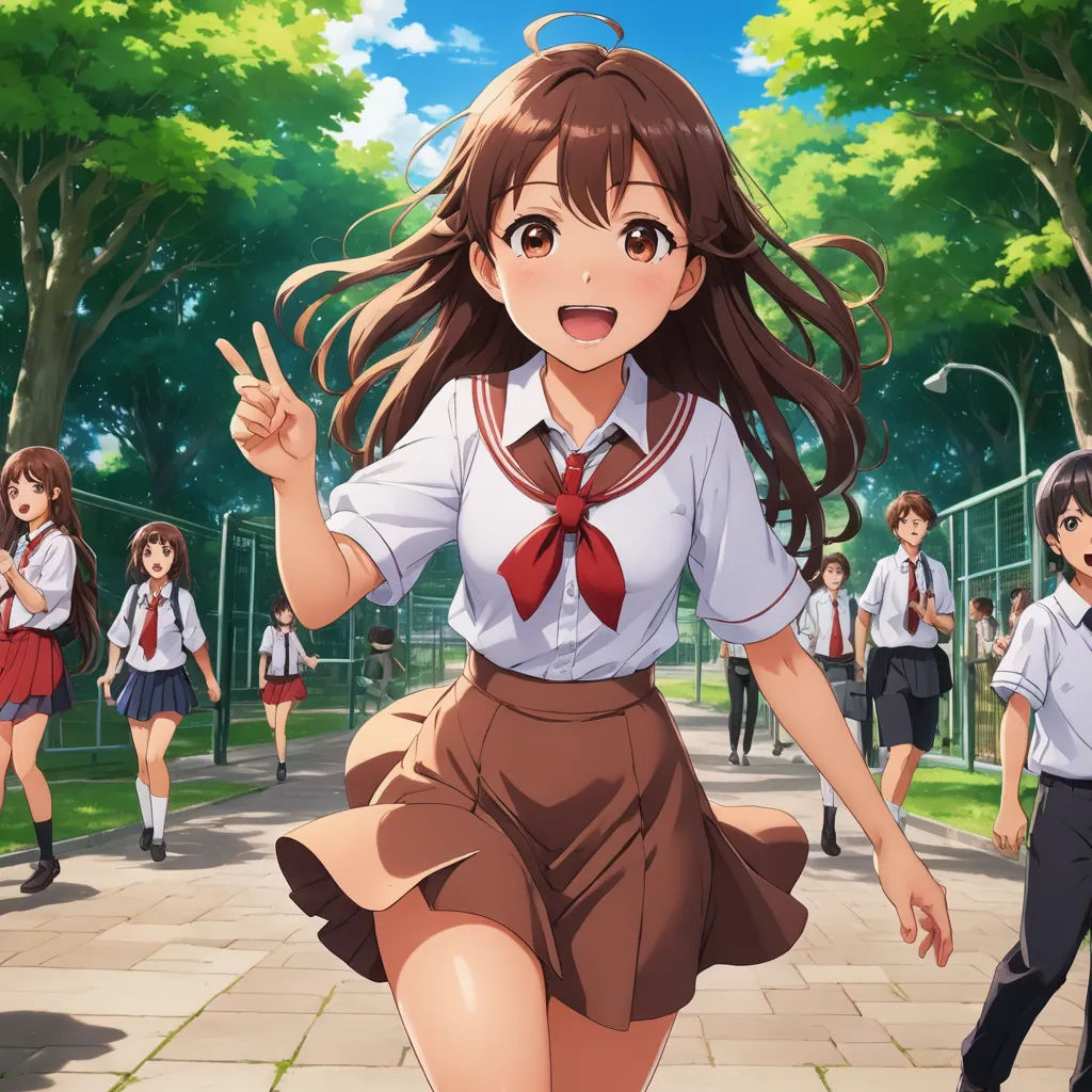 a girl in a school uniform is running down the street with other girls in the background and trees in the background, rayonism, concept art, Chizuko Yoshida, official art