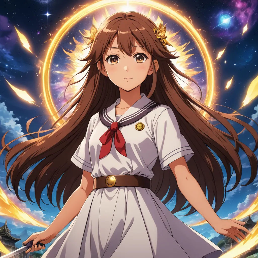 a girl in a white dress with long hair and a red bow is standing in front of a blue sky, rayonism, concept art, Ai-Mitsu, official art