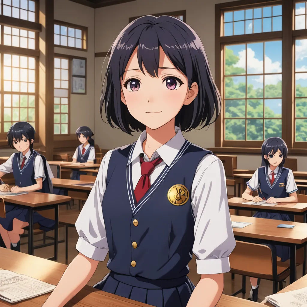 a girl in a school uniform standing in front of a classroom full of desks with books on them, remodernism, a character portrait, Aguri Uchida, official art