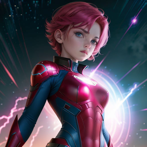 a woman in a red and blue suit standing in front of a star filled sky with lightnings and stars