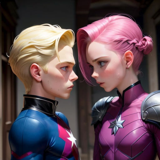 two women in costumes standing next to each other in a hallway with a building in the background and a building in the background