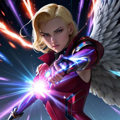 a woman with wings holding a gun in her hand and a light shining behind her, with a blue background