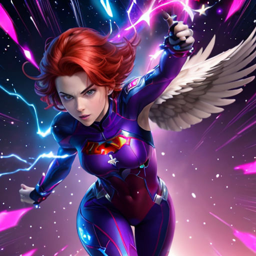 a woman in a purple suit with wings and a sword in her hand, with a purple background and stars