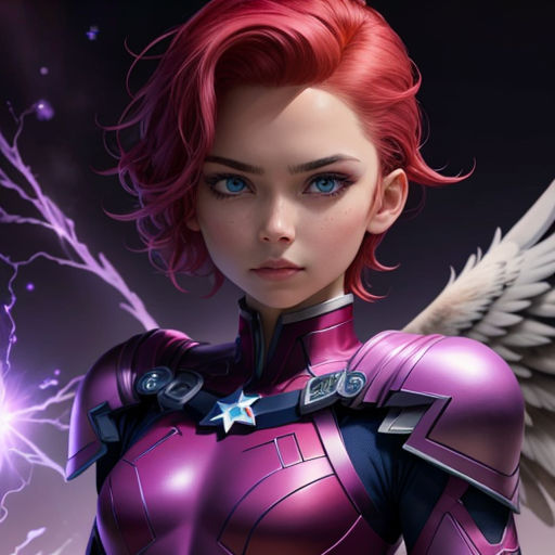 a woman with red hair and wings in a purple outfit with lightning behind her and a purple background with a tree