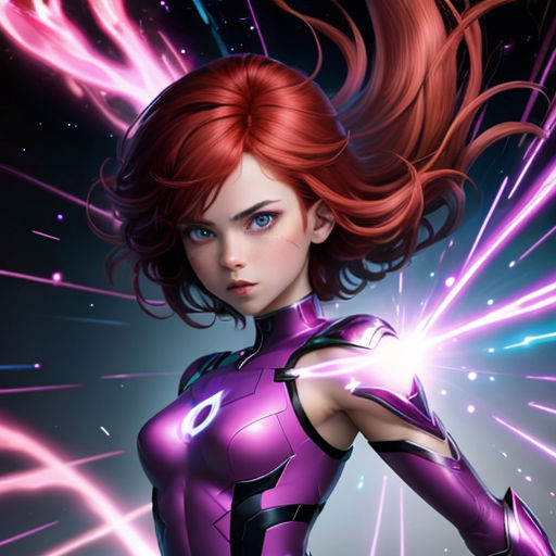 a woman in a purple suit with a red hair and blue eyes is standing in front of a purple background
