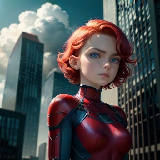 a woman in a red suit standing in front of a cityscape with skyscrapers and clouds in the background