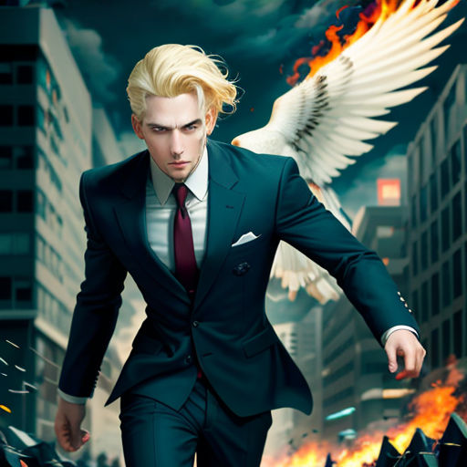 a man in a suit and tie with a bird flying over him in a city street with buildings and fire