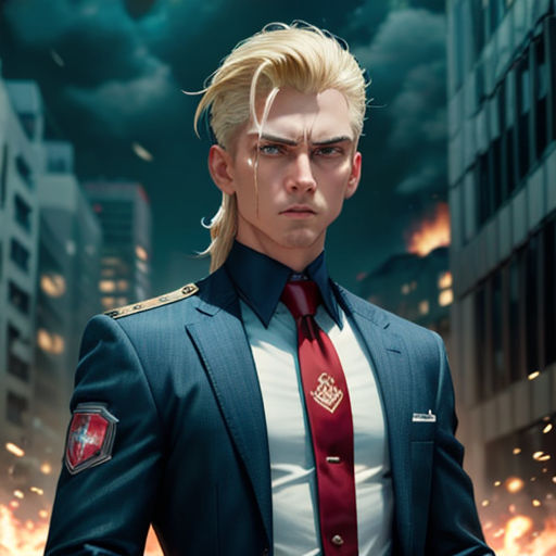 a man in a suit and tie standing in front of a cityscape with a sky background and a building