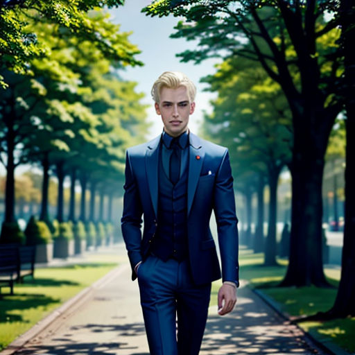 a man in a suit walking down a street next to trees and benches in a park area with a bench in the background