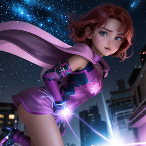 a woman in a purple outfit is flying through the air with a light saber in her hand and a city in the background